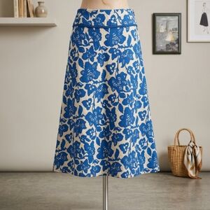 Boden Blue And Cream Foral Linen Maxi Skirt 12 L
